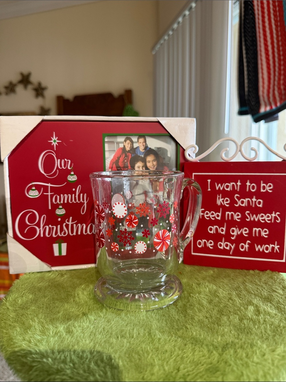 Picture frame, sign and Holiday Peppermint Glass Mug in Red and Green